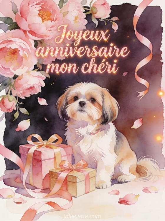 Chien shih tzu près de cadeaux d'anniversaire sous des pivoines avec texte Joyeux anniversaire mon chéri