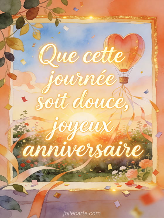 Calligraphie lumineuse avec montgolfière en forme de coeur au-dessus d'un jardin au lever du jour, style aquarelle