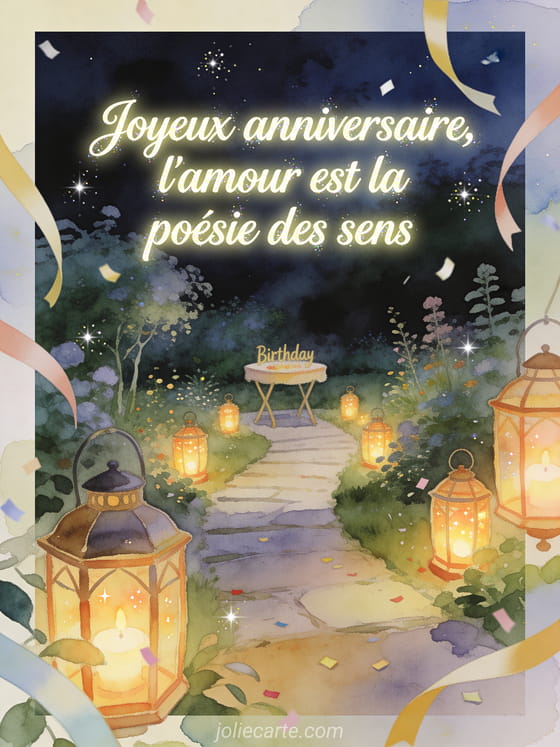 Illustration aquarelle d'un chemin de jardin aux lanternes menant à une table d'anniversaire, avec le texte Joyeux anniversaire, l'amour est la poésie des sens.