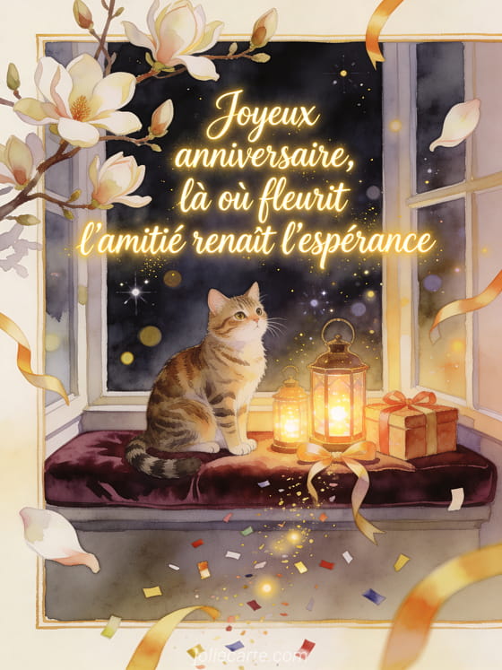 Illustration aquarelle d'un chat tigre sur un rebord de fenetre avec lanternes, cadeaux et branches de magnolia.