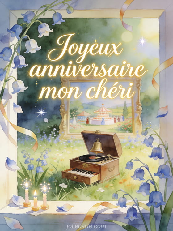 Illustration aquarelle d'une prairie de campanules avec boîte à musique, bougies et texte Joyeux anniversaire mon chéri