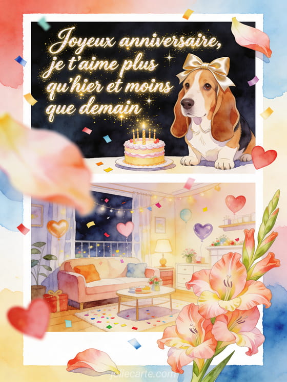 Illustration aquarelle d'un chien basset hound avec petit gâteau d'anniversaire et pétales de glaïeul