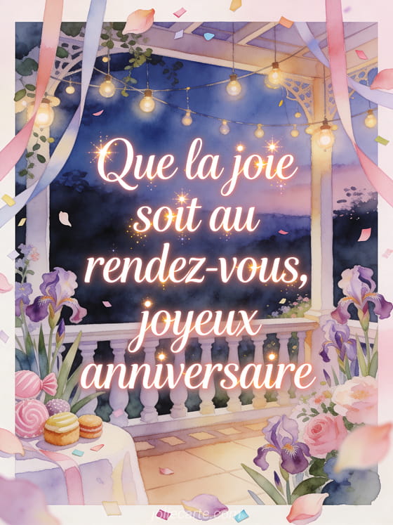 Carte aquarelle avec iris, guirlandes lumineuses, douceurs pastel et texte Que la joie soit au rendez-vous, joyeux anniversaire