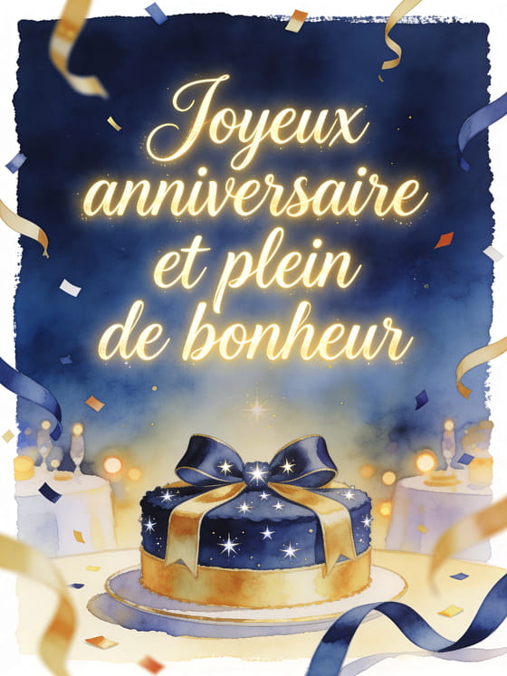 Calligraphie lumineuse avec gâteau d'anniversaire bleu marine et or, ruban satiné et petites étoiles, style aquarelle