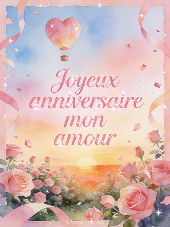 Montgolfière en forme de coeur au-dessus d'un jardin de roses avec rubans et texte Joyeux anniversaire mon amour