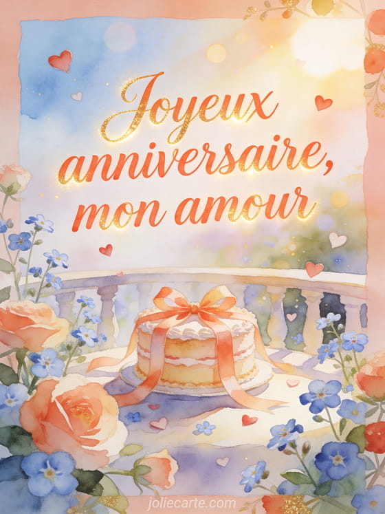 Illustration aquarelle d'un gâteau d'anniversaire sur une terrasse avec myosotis, coeurs flottants et confettis, texte Joyeux anniversaire, mon amour.
