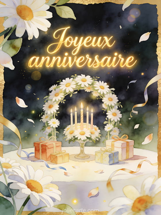 Bougies d'anniversaire et cadeaux sous une arche de marguerites, avec le texte Joyeux anniversaire