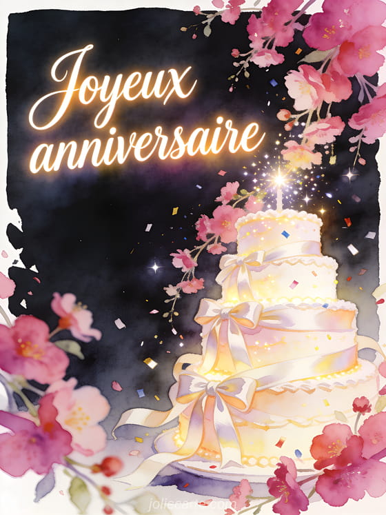 Gâteau d'anniversaire à étages entouré de fuchsias, rubans et confettis, avec le texte Joyeux anniversaire