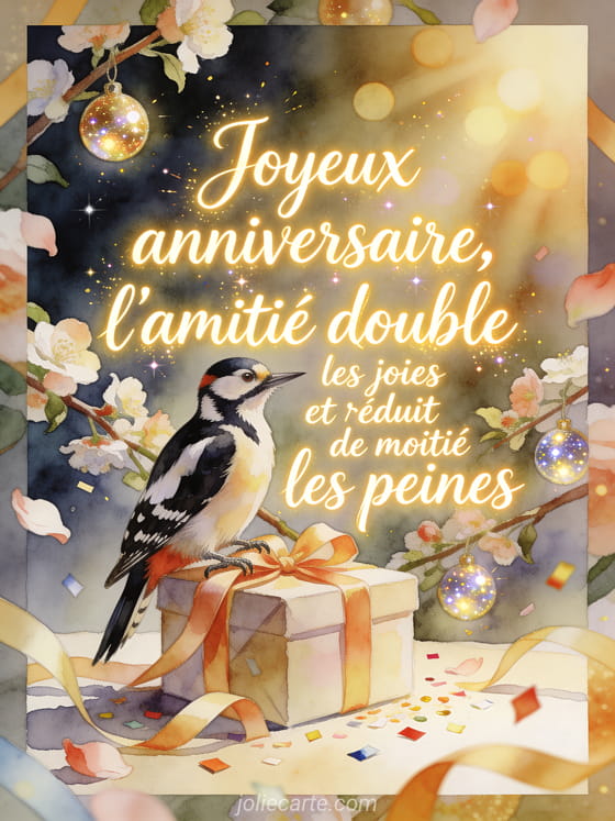 Illustration aquarelle d'un oiseau pic epeiche sur un cadeau rubane parmi branches fleuries et decorations d'anniversaire.
