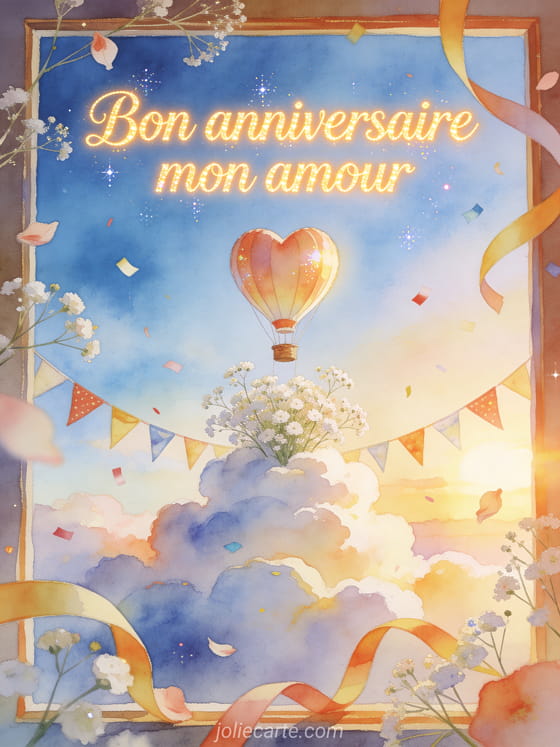 Illustration aquarelle d'une montgolfière en coeur au-dessus de gypsophile avec texte Bon anniversaire mon amour