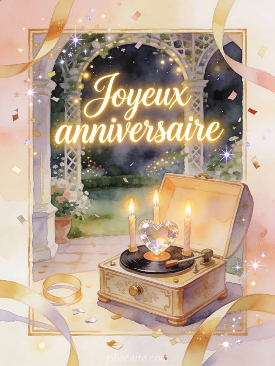 Calligraphie lumineuse avec boîte à musique vintage, coeurs en cristal et bougies brillantes, style aquarelle