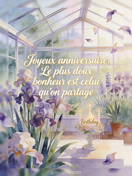Illustration aquarelle d'une serre fleurie d'iris avec bougies d'anniversaire, texte Joyeux anniversaire. Le plus doux bonheur est celui qu'on partage.