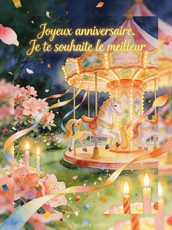 Carte aquarelle avec azalées, cheval de carrousel, bougies et texte Joyeux anniversaire. Je te souhaite le meilleur