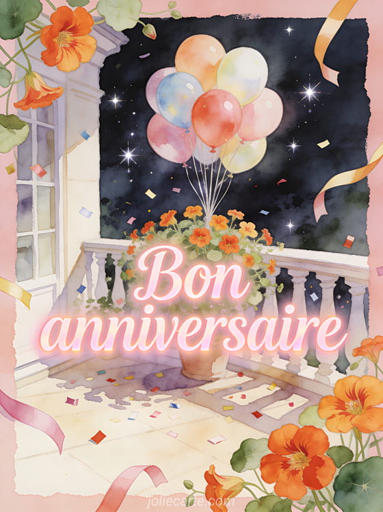 Ballons d'anniversaire sur une terrasse romantique avec des capucines et le texte Bon anniversaire
