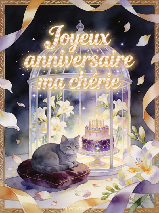 Chat bleu russe sur coussin près d'un gâteau d'anniversaire dans une serre fleurie avec texte Joyeux anniversaire ma chérie