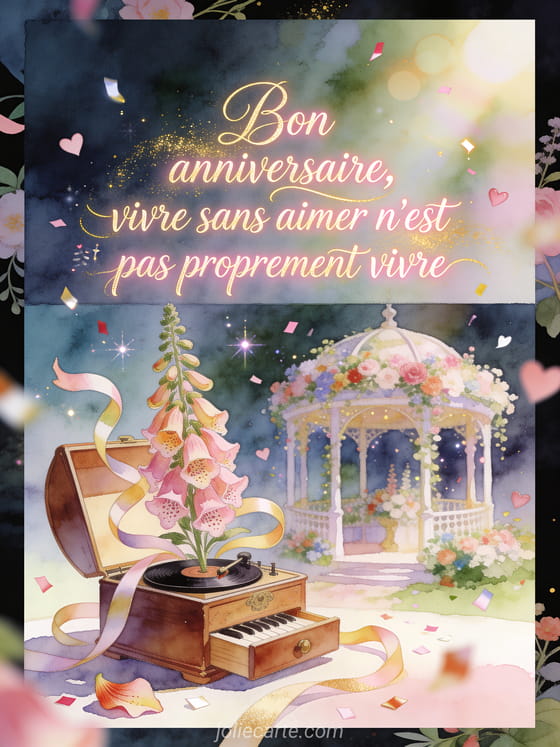 Illustration aquarelle d'une boîte à musique ouverte avec rubans et digitales dans un pavillon fleuri