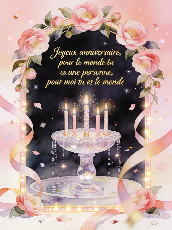 Camélias autour d'une fontaine de cristal avec bougies et confettis, texte Joyeux anniversaire, pour moi tu es le monde