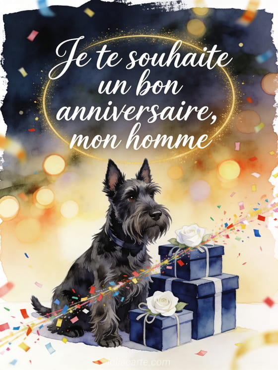 Carte illustree aquarelle avec chien scottish terrier, piles de cadeaux bleus, roses blanches et confettis d'anniversaire