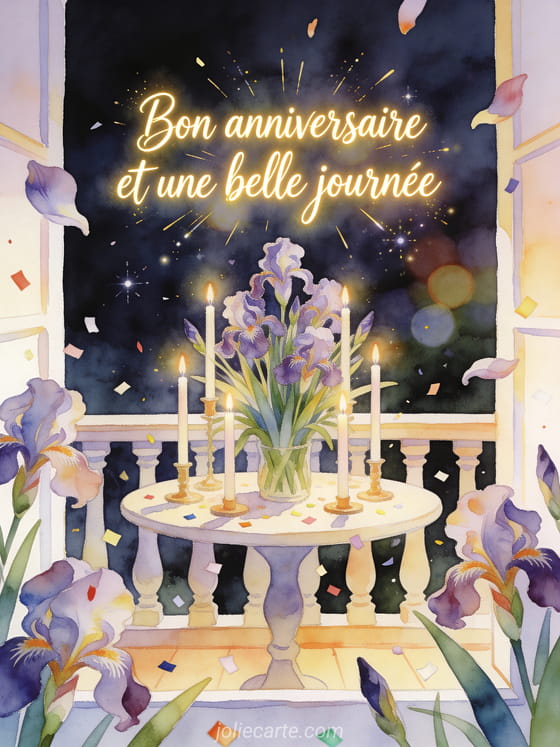 Illustration aquarelle d'un arrangement d'iris autour de bougies d'anniversaire sur une table de balcon avec confettis.