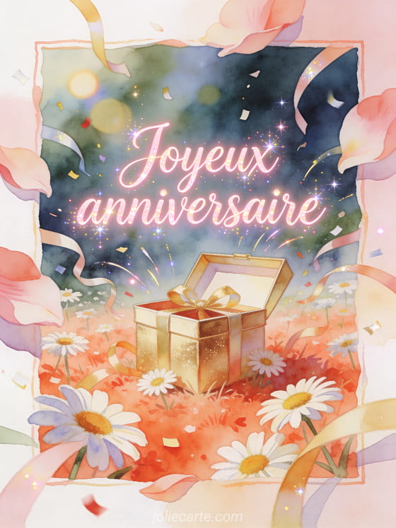 Illustration aquarelle d'un coffret cadeau ouvert dans un jardin de marguerites avec serpentins et confettis, texte Joyeux anniversaire.