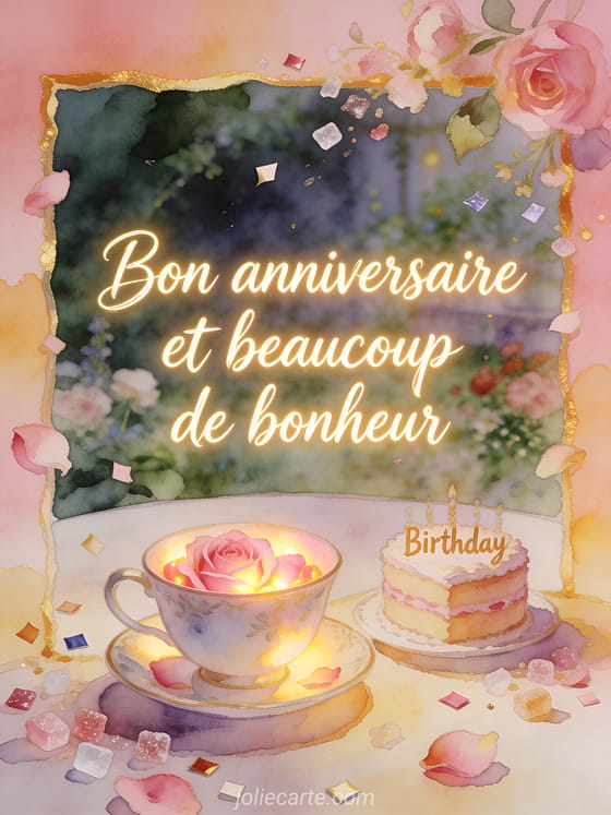 Calligraphie lumineuse avec tasse en porcelaine rose et petit gâteau d'anniversaire, style aquarelle