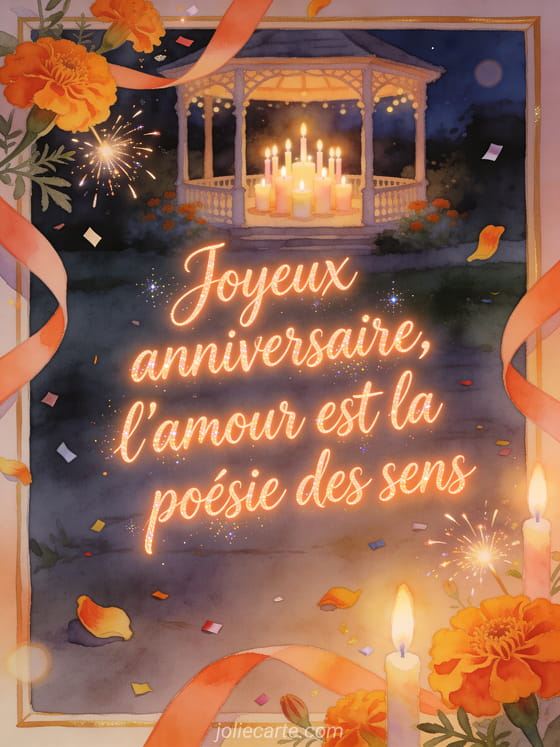 Illustration aquarelle d'une véranda aux soucis avec bougies d'anniversaire et texte L'amour est la poésie des sens