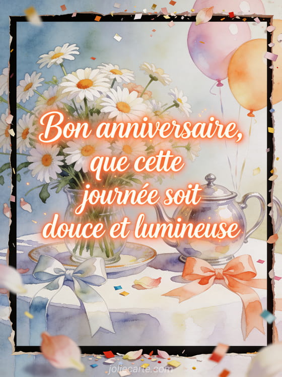 Carte aquarelle avec marguerites, théière argentée, ballons pastel et texte Bon anniversaire, que cette journée soit douce et lumineuse