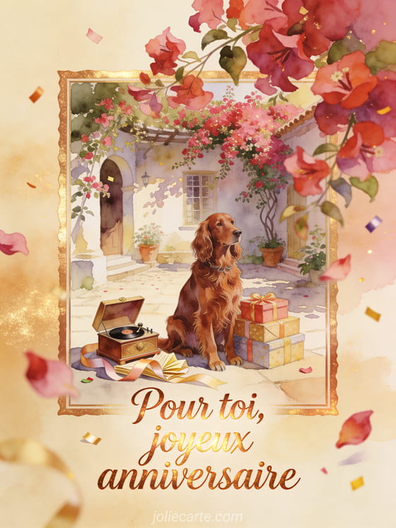 Setter irlandais pres de cadeaux et d'une boite a musique, avec le texte Pour toi, joyeux anniversaire