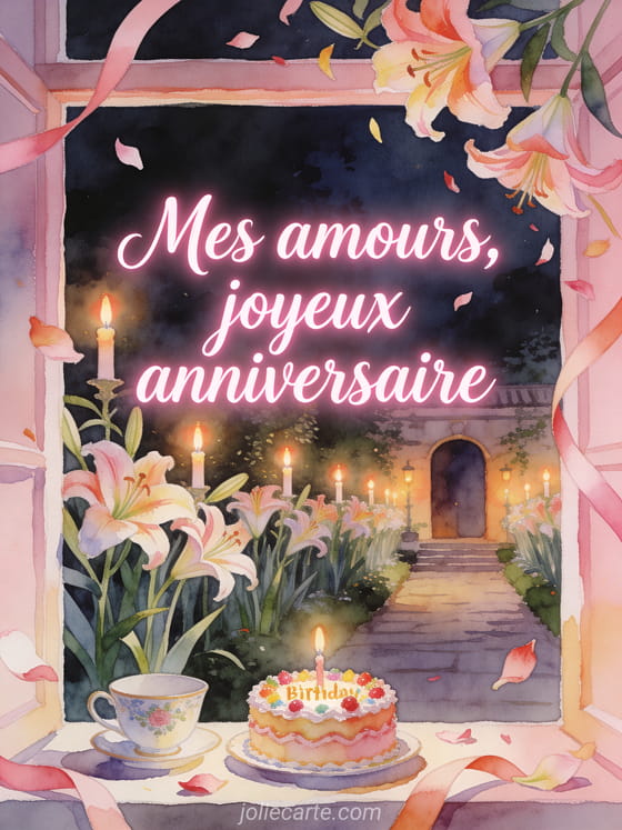 Cour illuminée avec tasse en porcelaine, gâteau d'anniversaire, hémérocalles et texte Mes amours, joyeux anniversaire