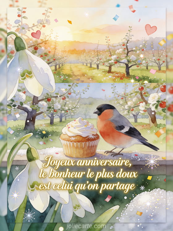 Illustration aquarelle d'un oiseau bouvreuil près d'un cupcake glacé et de perce-neige dans un verger festif