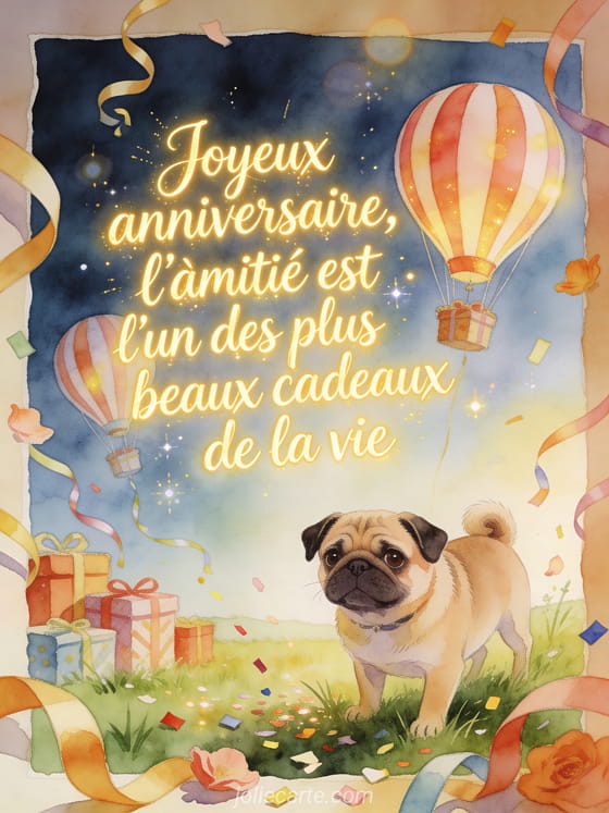 Illustration aquarelle d'un chien carlin dans une prairie avec cadeaux, rubans et montgolfieres d'anniversaire.