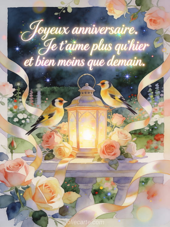 Carte illustree aquarelle avec deux oiseaux chardonnerets, lanterne d'anniversaire lumineuse, roses et rubans de satin