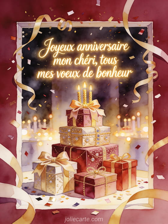 Calligraphie lumineuse avec pile de cadeaux précieux, noeuds en soie et bougies dorées, style aquarelle