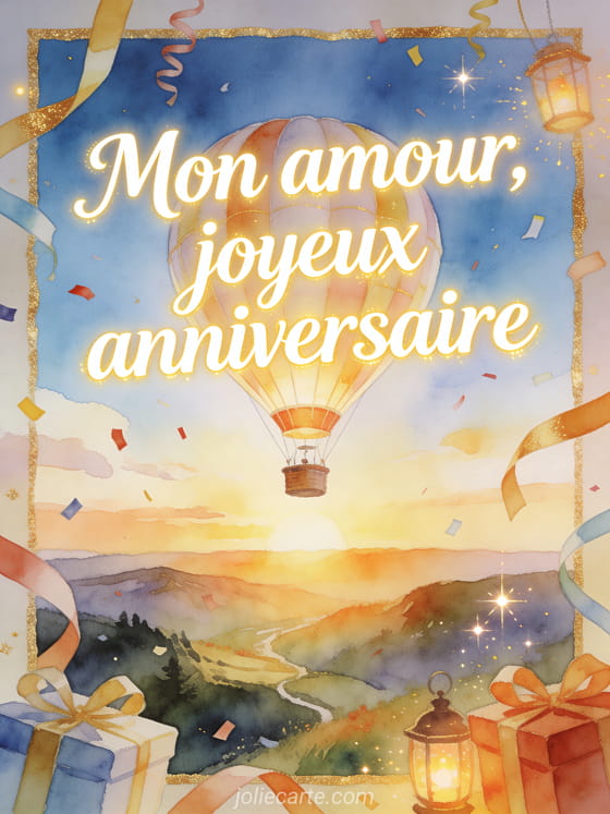 Montgolfière au lever du soleil avec rubans, confettis et lanternes, texte Mon amour, joyeux anniversaire