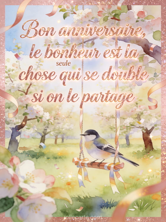 Illustration aquarelle d'une bergeronnette sur une balançoire d'anniversaire au milieu d'un verger fleuri, texte Bon anniversaire.