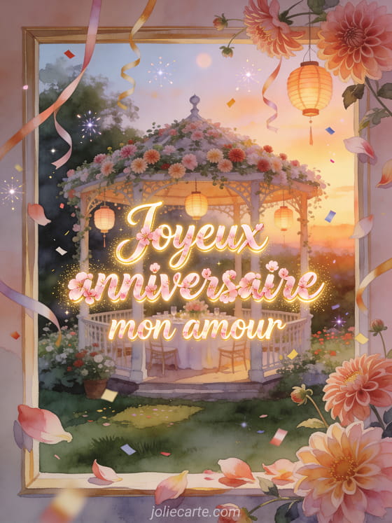 Illustration aquarelle d'un kiosque couvert de dahlias avec lanternes d'anniversaire et texte Joyeux anniversaire mon amour