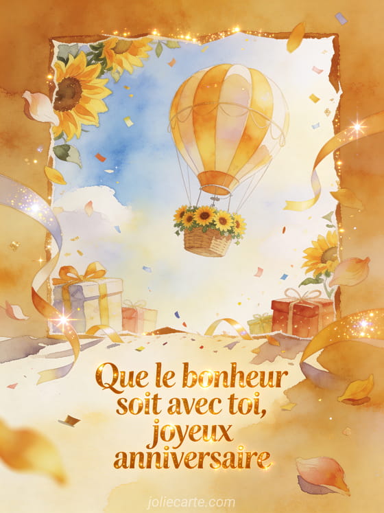 Carte aquarelle avec montgolfière, guirlandes de tournesols, cadeaux et texte Que le bonheur soit avec toi, joyeux anniversaire