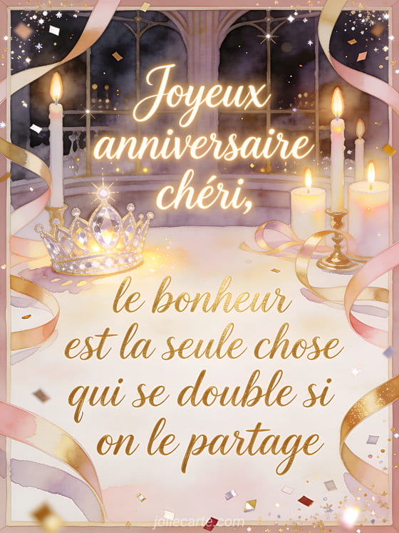 Calligraphie lumineuse avec couronne de cristal, bougies brillantes et rubans tourbillonnants, style aquarelle