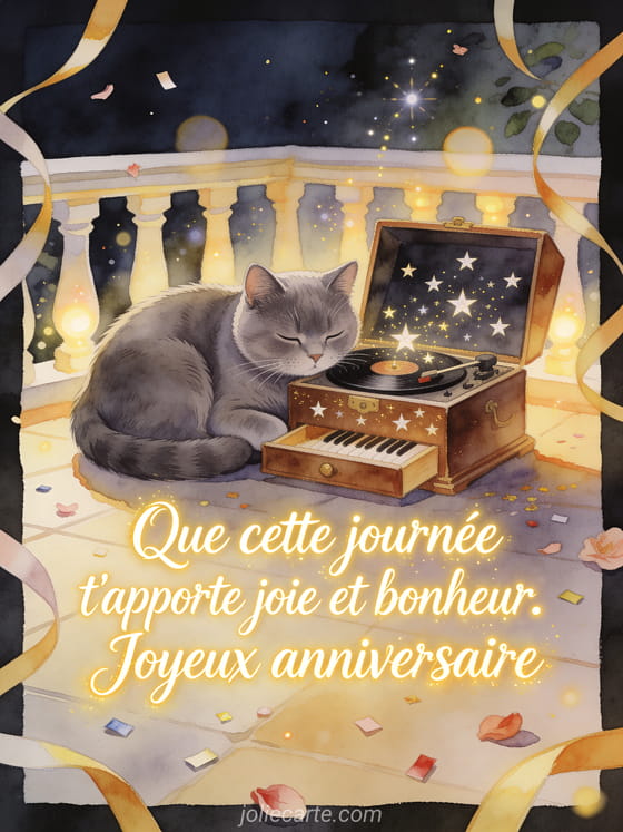 Illustration aquarelle d'un chat chartreux couche pres d'une boite a musique ouverte sur une terrasse festive.