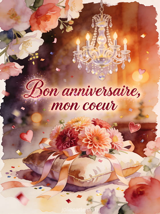 Illustration aquarelle d'un lustre au-dessus de dahlias avec rubans, coeurs et confettis, texte Bon anniversaire, mon coeur.
