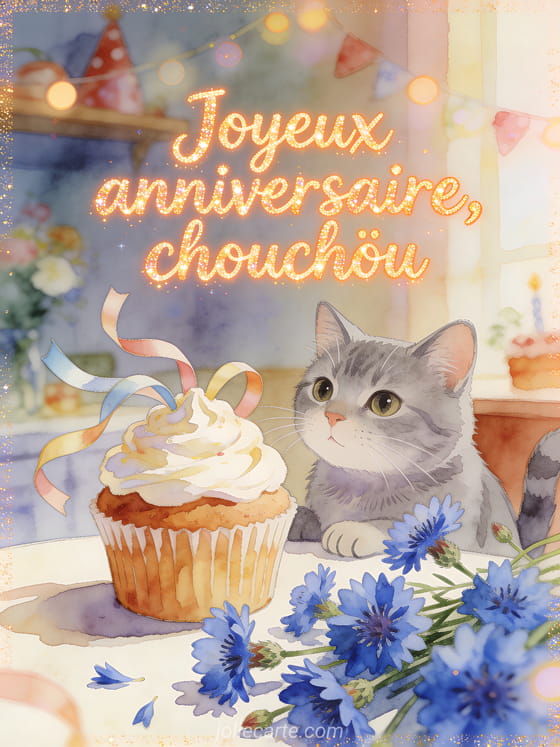 Carte illustree aquarelle avec chat gris, cupcake d'anniversaire glace, rubans flottants et bleuets lumineux