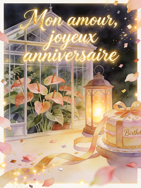 Serre élégante avec anthuriums, lanterne, gâteau d'anniversaire et texte Mon amour, joyeux anniversaire