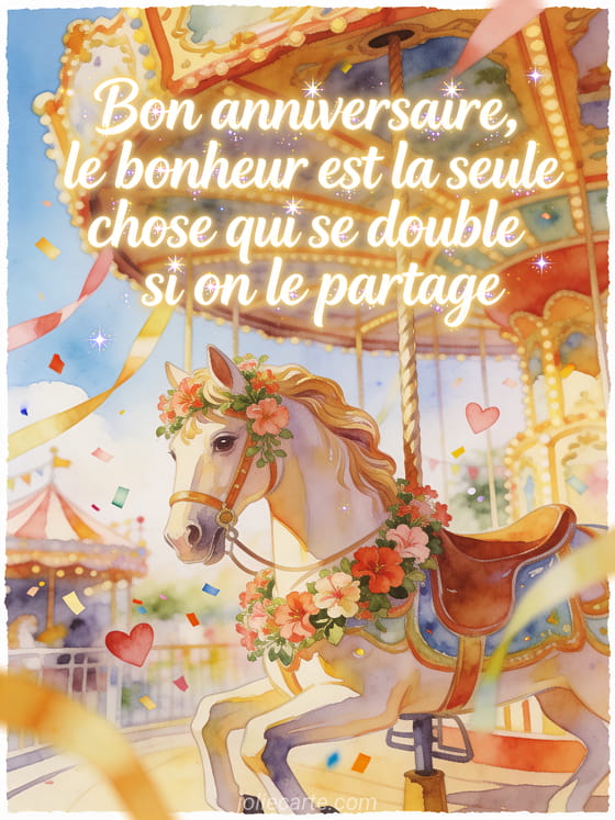 Illustration aquarelle d'un cheval de carrousel orné de géraniums dans une fête d'anniversaire