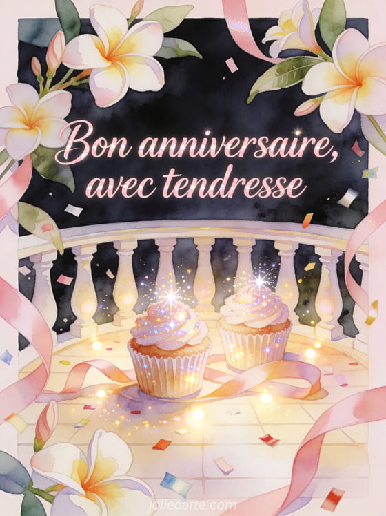 Terrasse lumineuse entourée de frangipaniers, cupcakes, rubans et confettis, texte Bon anniversaire, avec tendresse