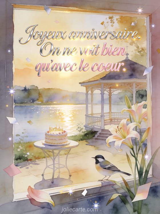 Gateau au bord d'un lac avec une bergeronnette et des hemerocalles, texte Joyeux anniversaire. On ne voit bien qu'avec le coeur.