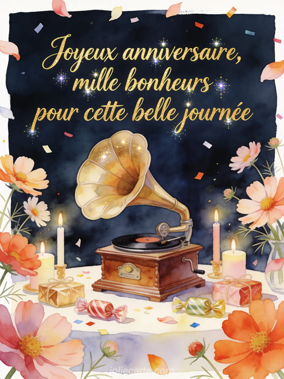 Carte aquarelle avec gramophone, cosmos, bougies et texte Joyeux anniversaire, mille bonheurs pour cette belle journée