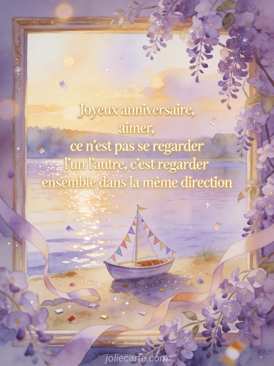 Illustration aquarelle d'un lac bordé de lilas avec petit voilier festif et long message d'anniversaire