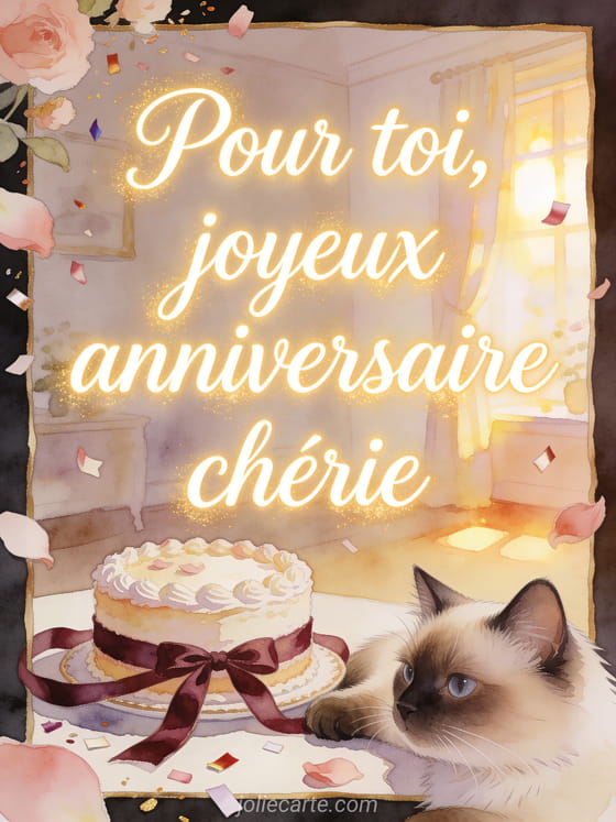 Calligraphie lumineuse avec chat birman près d'un gâteau d'anniversaire glacé et de rubans en velours, style aquarelle