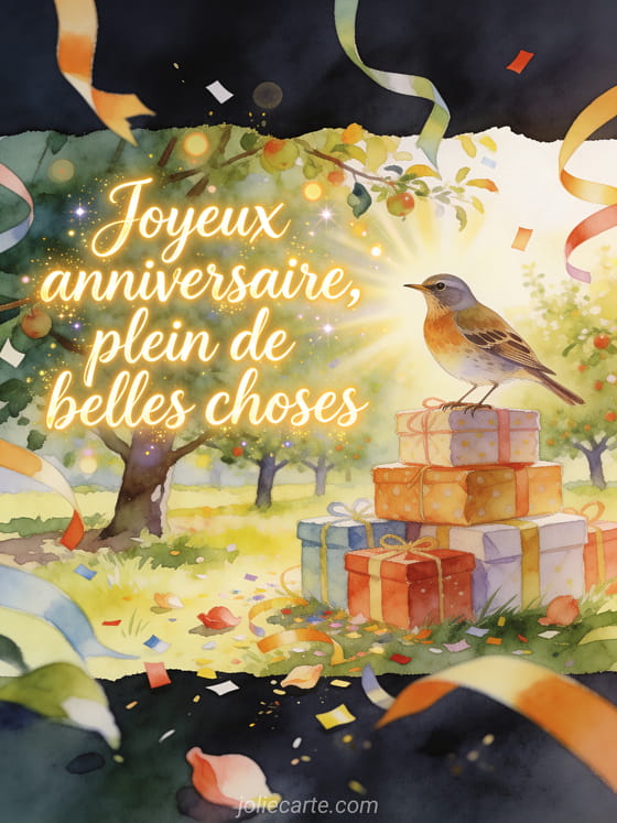 Illustration aquarelle d'un oiseau grive pose sur des cadeaux empiles dans un verger avec rubans et confettis.