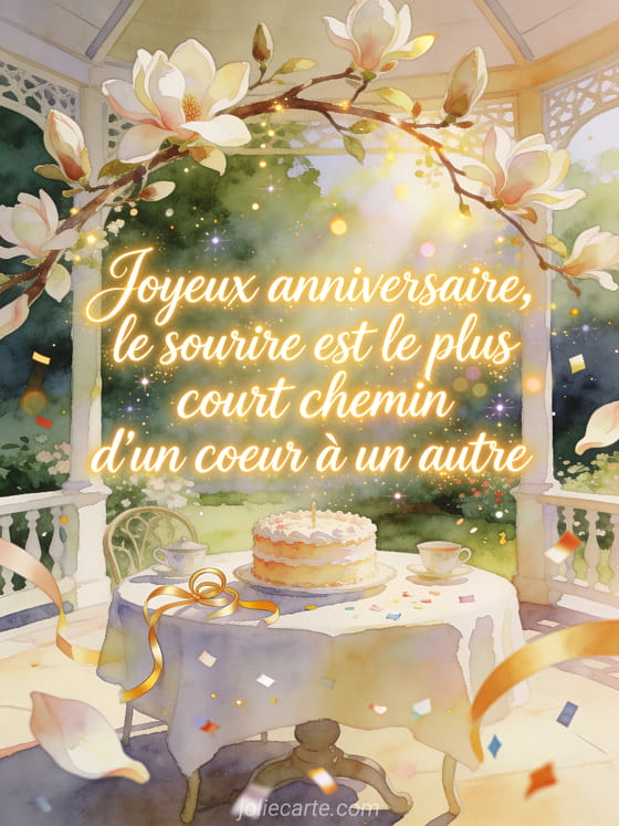 Illustration aquarelle de branches de magnolia au-dessus d'un gateau d'anniversaire pose sur une table dans un pavillon de jardin.